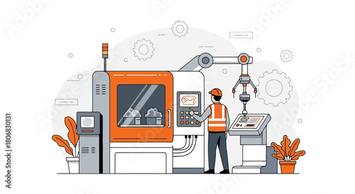 Precision manufacturing operation showcased through automated machinery and technician interaction