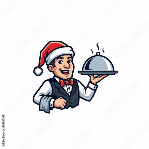 Christmas waiter mascot with Santa hat serving hot food on a cloche platter