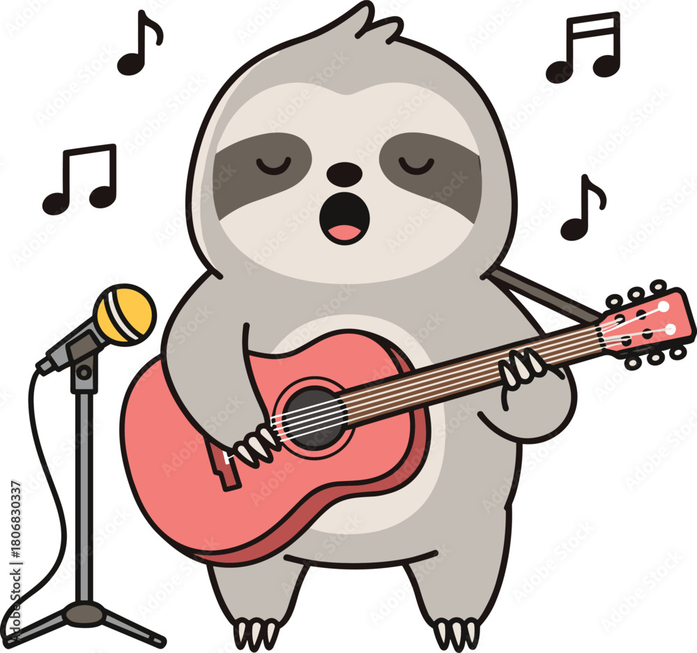 Fototapeta premium Cute cartoon sloth playing guitar and singing into microphone, funny animal musician character, isolated on white, cad drawing flat vector illustration.