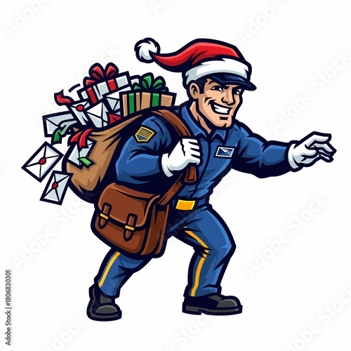 Festive Mail Carrier Delivering Holiday Gifts Santa's Postal Worker with Mailbag