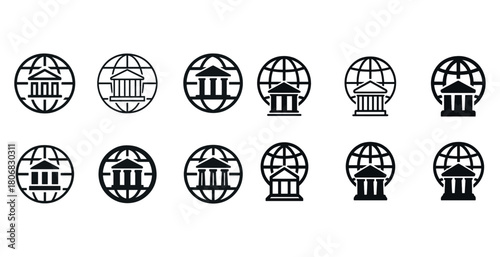 Set of global banking icons with earth and building symbols