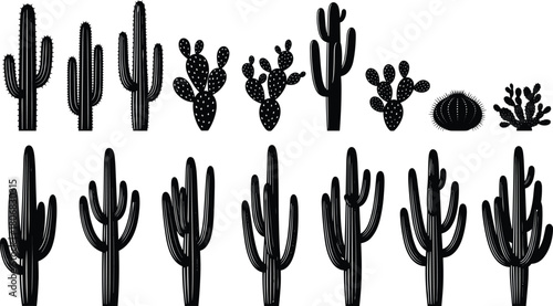Collection of various cactus silhouettes in bold black vector style featuring desert plants, succulent shapes, and botanical elements for design projects