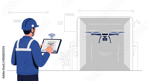 Professional engineer controlling drone operations using digital interface and technology