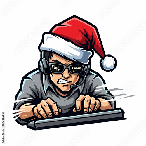 Vector illustration: Christmas coder typing intently with Santa hat