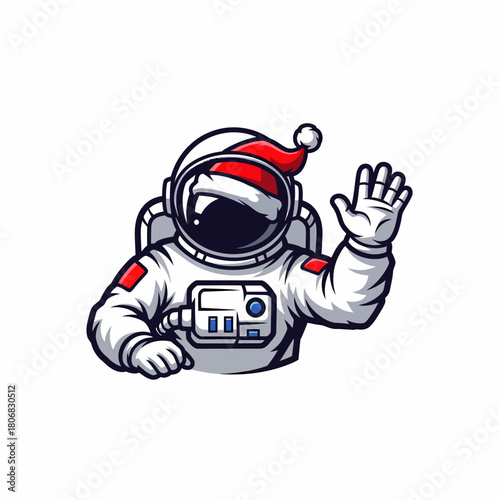 Cartoon astronaut wearing santa hat waving hand festive season illustration