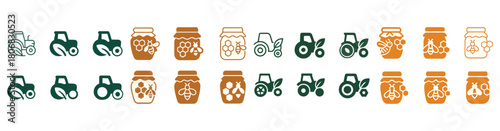 Seamless icons of tractors, vegetables, and jars with fruits or honey