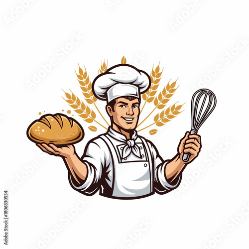 Cartoon baker holding bread and whisk with wheat background design