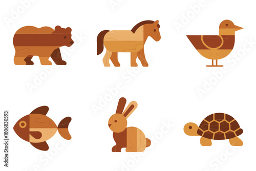 Country animal icons set, bear horse duck, fish rabbit turtle, warm wood texture style, decorative vector collection