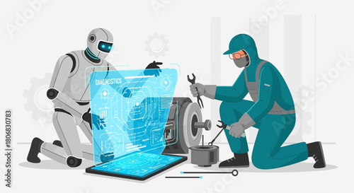 Robot and mechanic team diagnosing complex machinery with futuristic interface for efficiency