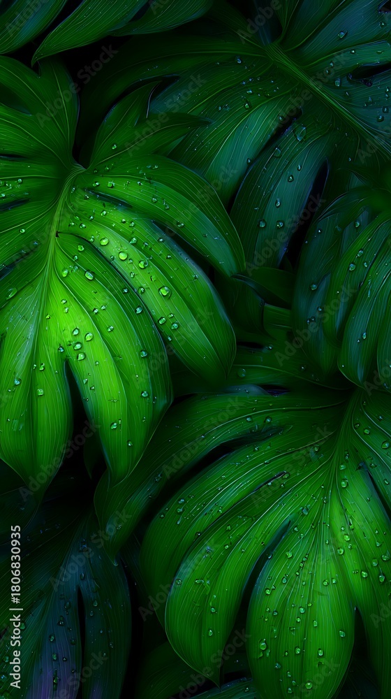 Obraz premium Lush Tropical Leaves with Water Droplets in Rich Green Tones for Nature and Botanical Photography