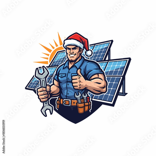 Cartoon character repairing solar panels wearing a Christmas hat illustration