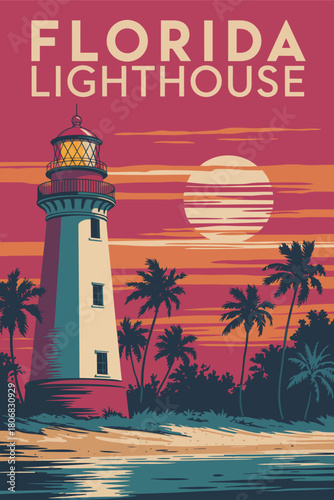 key west lighthouse travel poster with palms and ocean view, retro vector artwork perfect for florida wall art, home decor, and collectible prints.