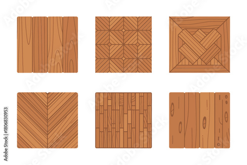 Wood panel textures set, crate cross boards, diagonal chevron, vertical planks, square parquet tiles, natural timber vector