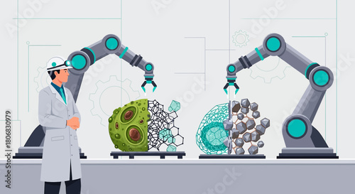 Robotic arms deconstructing organic matter and transforming it into structured forms innovative