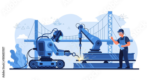 Robotics bridge construction with human supervision future of civil engineering illustration