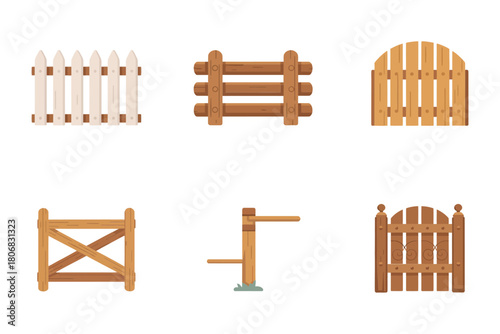 Garden fences set, picket row, round post gate, lattice barrier, stile step, outdoor boundary structures, vector