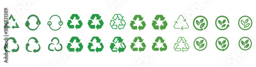 Collection of various green recycling and eco-friendly symbols