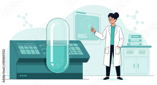 Scientist analyzing data related to a new capsule drug formula with modern technology in laboratory