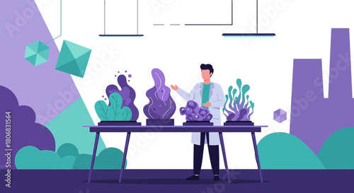 Scientist analyzing genetically modified plants in a research laboratory with geometric shapes