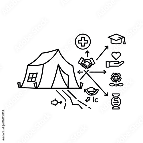 Humanitarian aid tent with global refugee support services icons