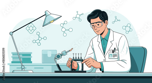 Scientist conducting an experiment in a modern laboratory environment with molecules in the