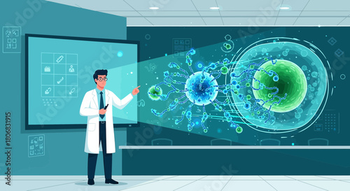 Scientist Explaining Cellular Biology and Viral Interaction in a Modern Laboratory Setting
