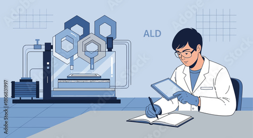 Scientist monitoring atomic layer deposition process for advanced material research