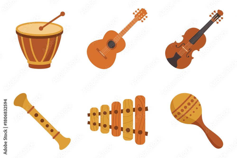 Naklejka premium Traditional music instrument pack, djembe drum, acoustic guitar pair, wooden recorder flute, xylophone, handheld shaker, folk performance set