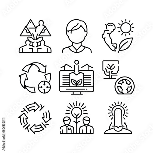 Eco-friendly, innovation, and sustainable development line icons