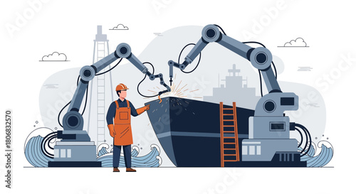 Shipbuilding Industry: Robotic arms welding a vessel under the supervision of an engineer