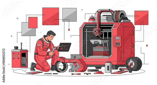 Servicing high tech 3d printer a technician fixing futuristic machinery with digital screen