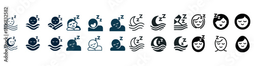 Sleep icons collection featuring moon and waves in various styles