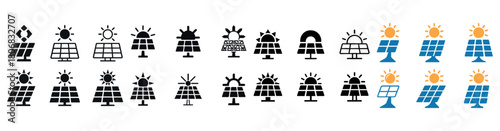 Diverse solar panel icon set representing renewable energy concepts