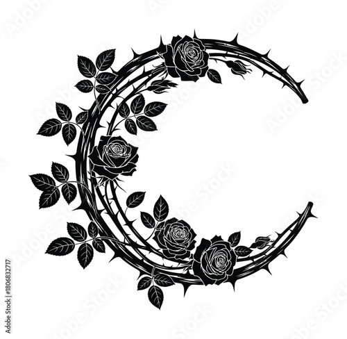 Crescent moon rose thorns vector illustration floral gothic design art eps silhouette
