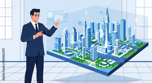 Strategic urban planning: A visionary architect examining a future metropolis model interface