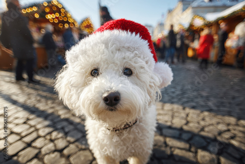 Cute Bichon frise dog wearing Santa hat at the Christmas market in the city on the street