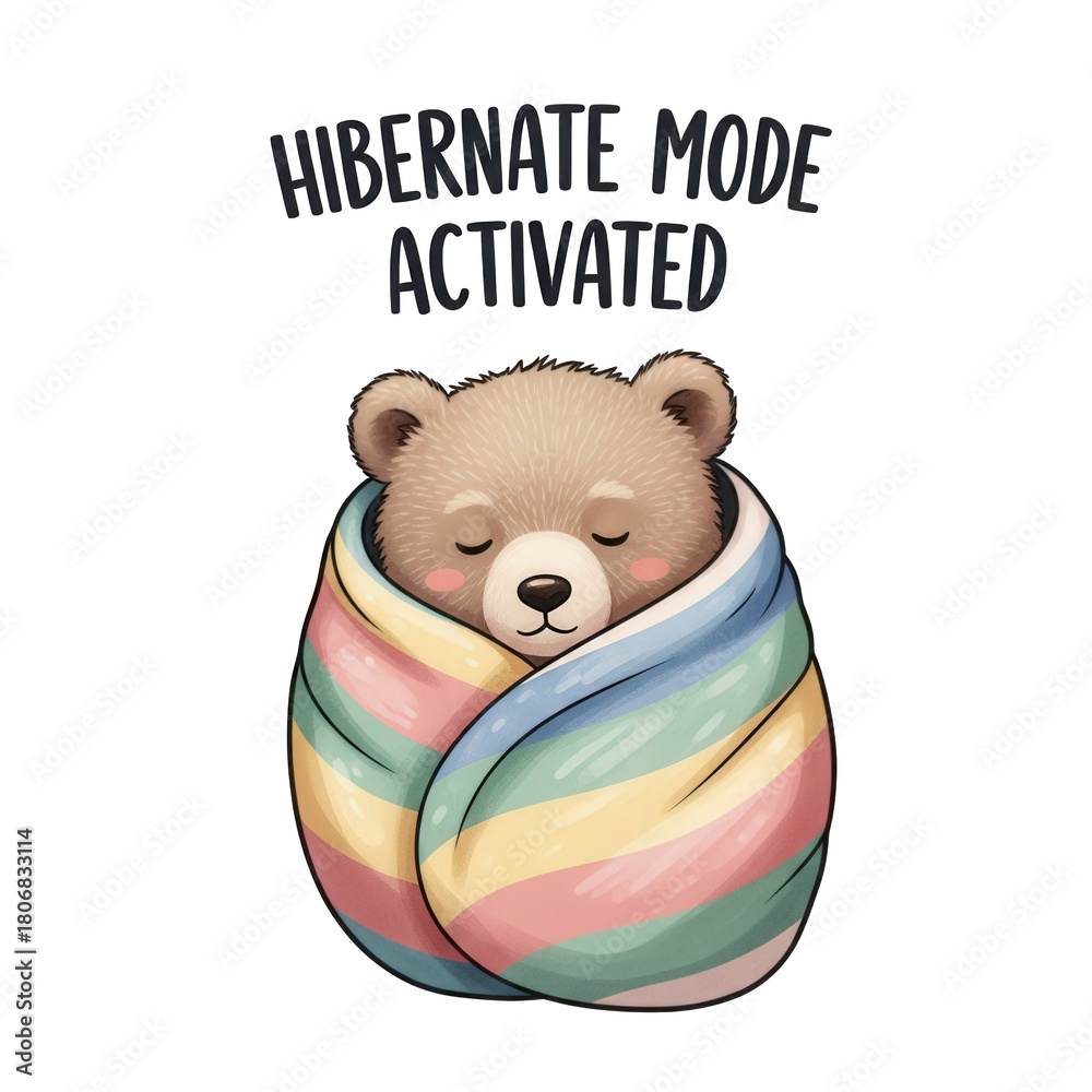 Obraz premium Adorable sleepy bear wrapped in a colorful blanket, signifying hibernation mode, isolated on transparent background.