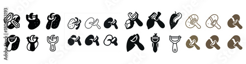 Assorted kitchen utensils icons in black and white