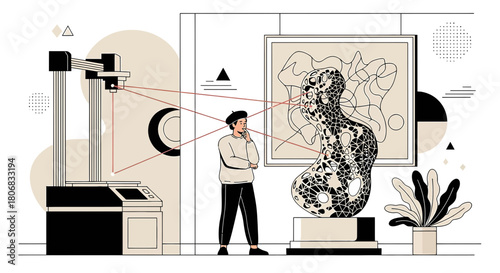 Technological creation of abstract sculpture by 3D printer in a modern art museum illustration