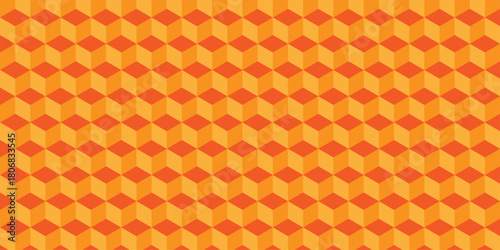 Cubic block orange wall texture pattern. seamless cube grid hexagon technology background. Geometric pattern illustration mosaic, square grid triangle wallpaper.	