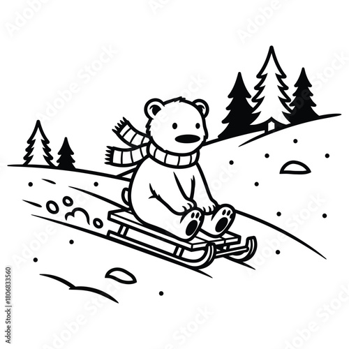 Cartoon Bear Sledding Down Snowy Hill with Trees vector