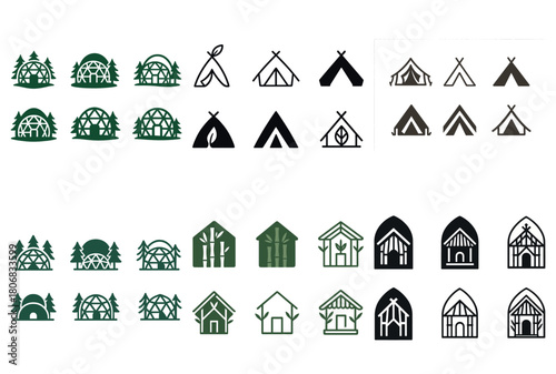 Collection of rustic and modern camping tent icons with forest themes