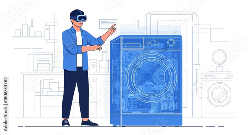 Virtual reality experience: Man exploring washing machine design using VR headset technology