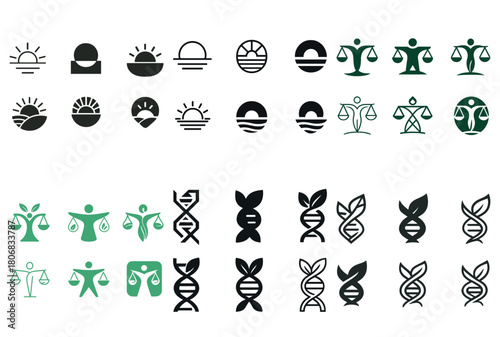 Sunrise icons and dna helix symbols with scales of justice in green and black design