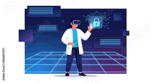Virtual security demonstration: A scientist navigates digital protection in virtual reality