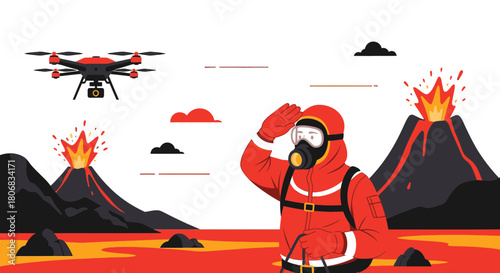 Volcanic eruption monitoring with drone and hazardous environment responder safety inspection