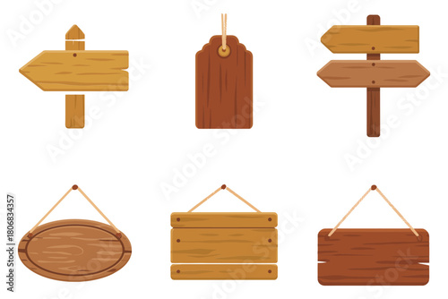 Wood sign collection, oval hanging plaque, plank board with ropes, pointer arrow tags, farm market signage vector