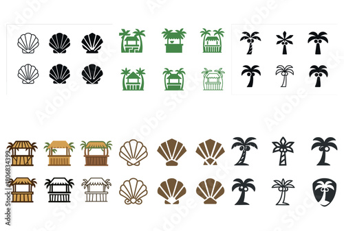 Varieties of tropical icons: shells, palms, and tiki huts in diverse designs