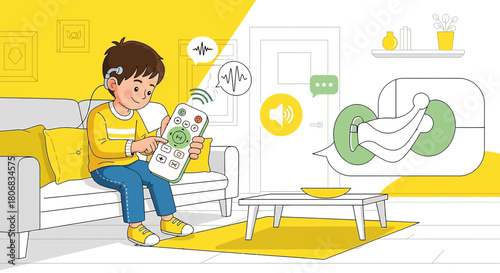 Young boy with hearing aid using a remote control to interact with smart home devices