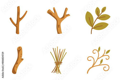 Tree branch icons, sprouting leaves, forked twigs, woody stems, bundled sticks, graceful vine curl, rustic botanical vector